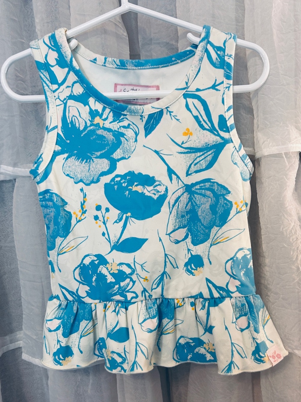 SweetHoney Clothing Girls Sleeveless Blue Floral Peplum Athletic Top - Sz 6